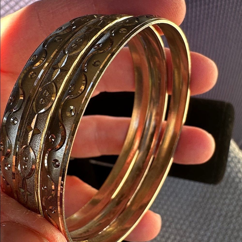 Goldtone Bangle Bracelet Trio. Brushed Goldtone with etched Bohemian style - Picture 3 of 6